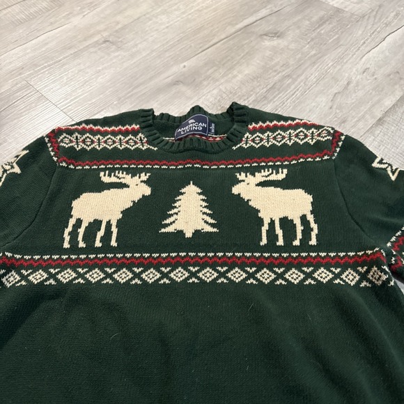 American Living Sweater Men's Large Green Fair Isle Nordic Moose Lodge - Picture 2 of 4